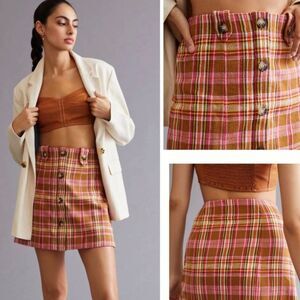 Maeve by Anthropologie Button Up Pink Plaid Mini Skirt Size 6
